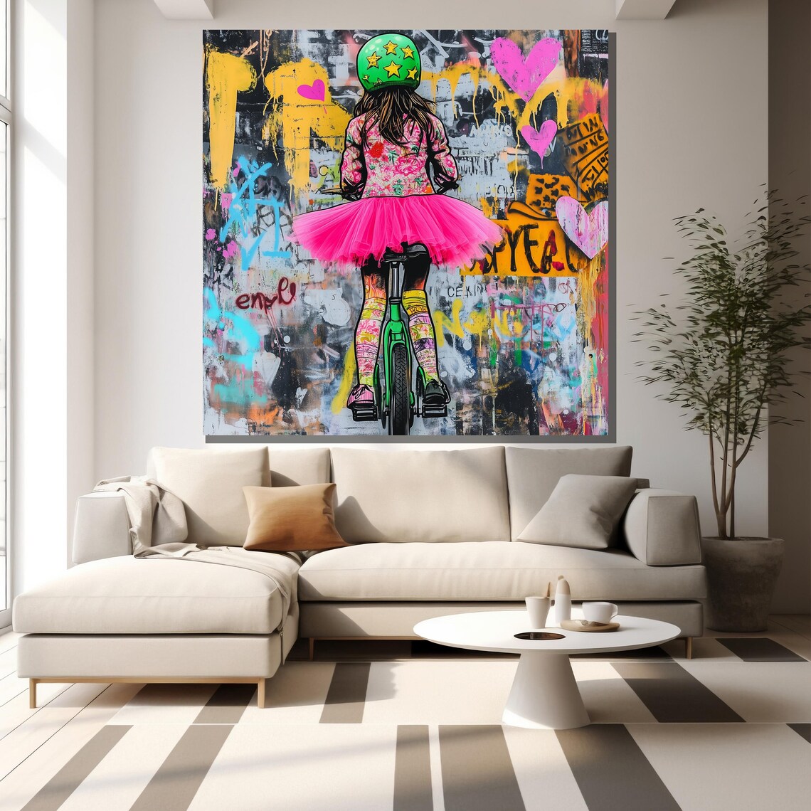 Girl In Pink Tutu Riding Bike Toward Graffiti Wall Street Art Poster - Image 2