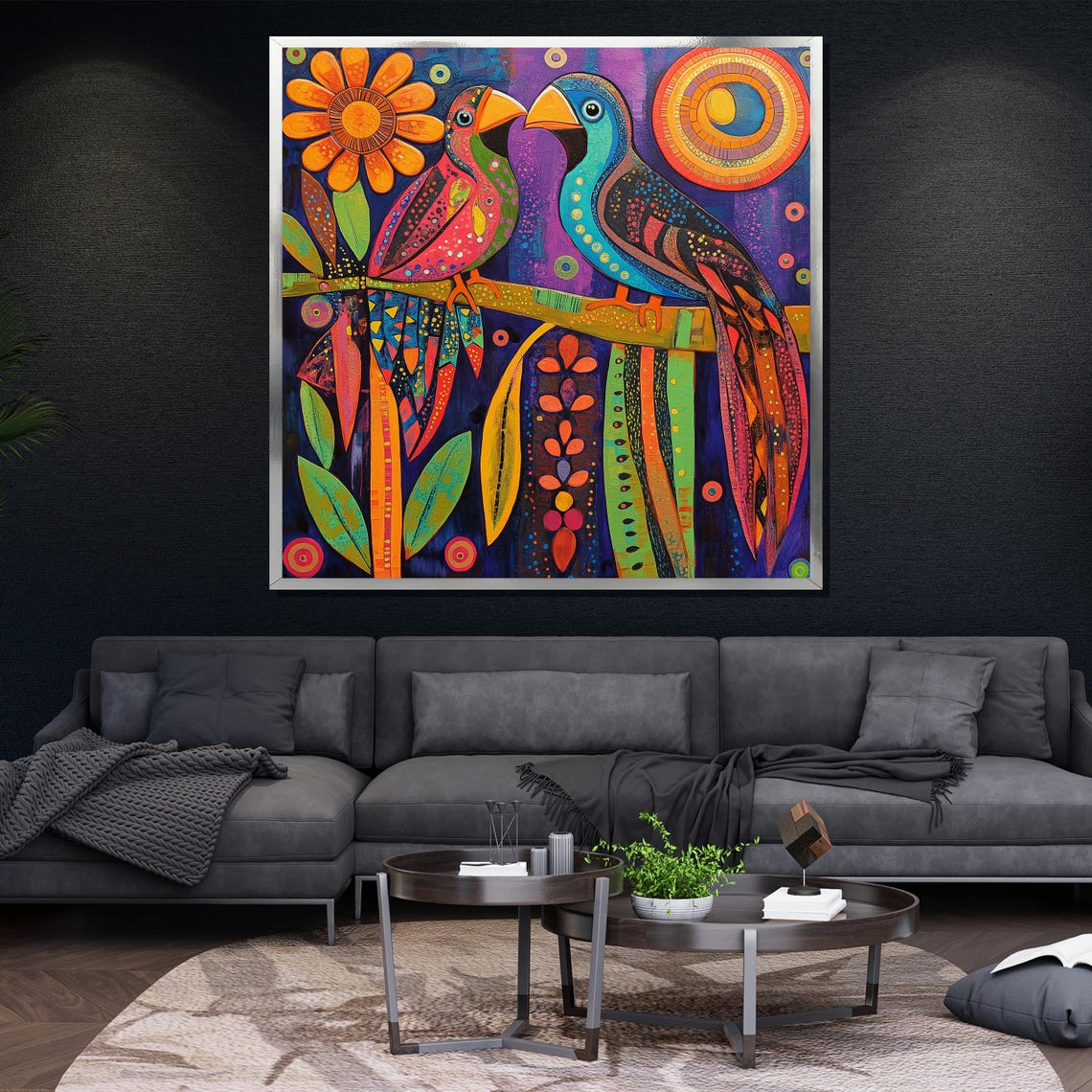 Colorful Parrots Folk Art Vibrant Stylized Pair Birds Wall Art - Image 4