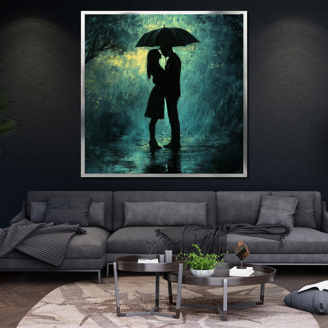 Romantic Couple Kissing Under Umbrella Rainy Night Love Wall Poster - Image 4