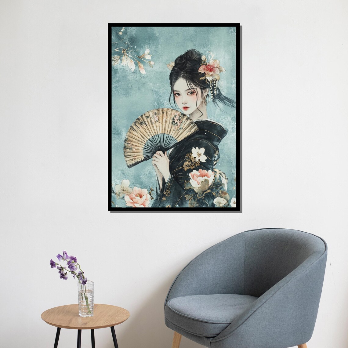 Elegant Geisha With Floral Fan Teal Watercolor Style Art Poster - Image 5