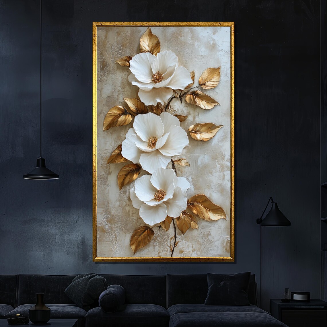 Gold And White 3D Floral Painting, Modern Art Print