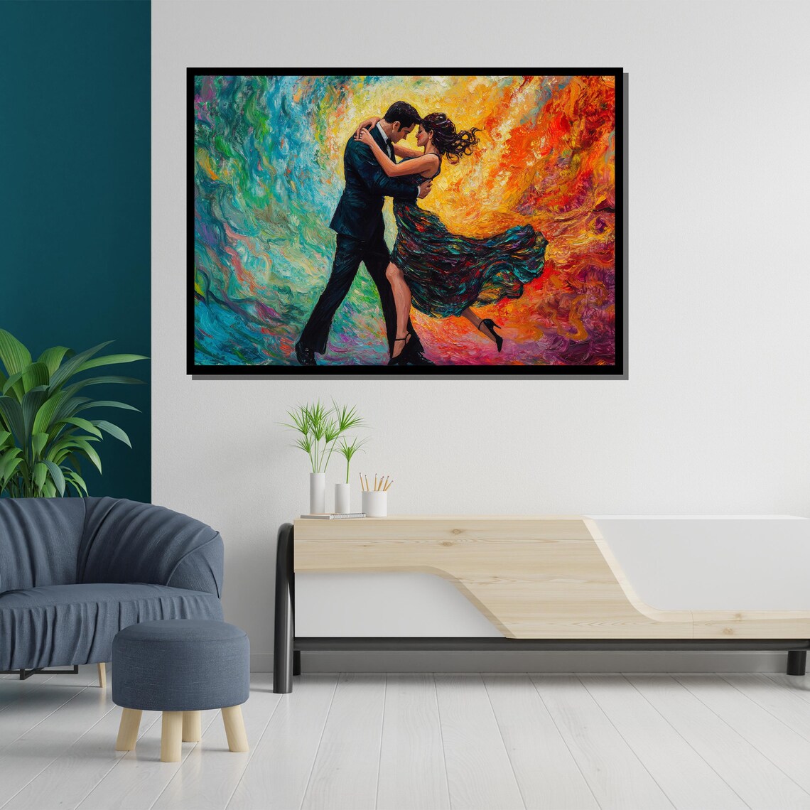 Colorful Impasto Dancing Couple Embrace Fiery Textured Oil Painting Poster - Image 5