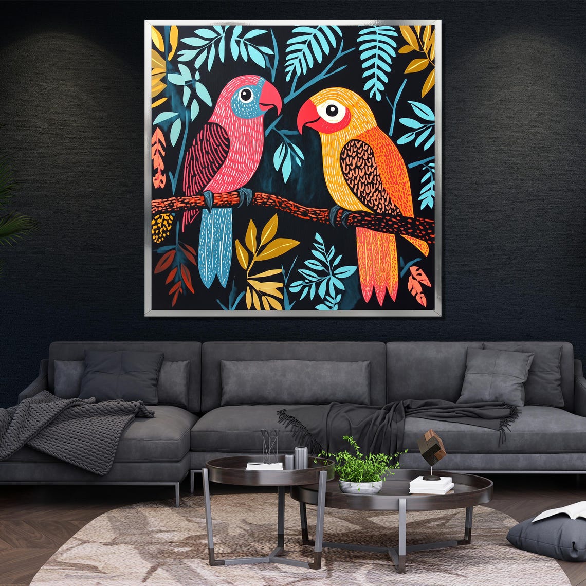 Two Colorful Folk Art Parrots Branch Exotic Bird Wall Poster - Image 4