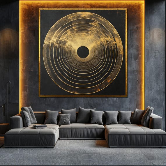 Golden Abstract Circular Painting Modern Wall Art Unique Gift For Living Room Bold Home Decor Statement Piece