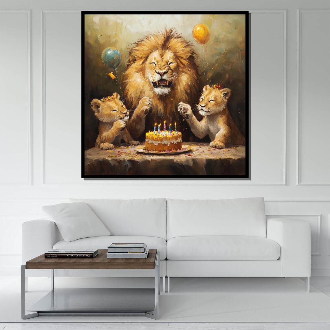 Lion Family Birthday Cake Balloons Cute Wildlife Art Wall Poster - Image 5