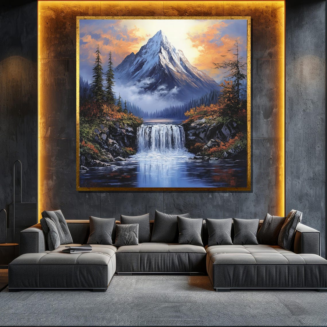 Snowy Mountain Peak Waterfall Autumn Forest Dramatic Landscape Poster