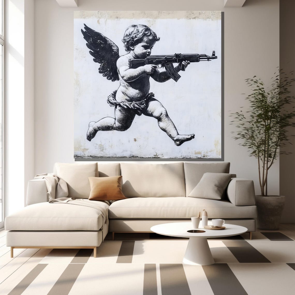 Armed Cherub Painting Bold Graffiti Inspired Wall Art Modern Black And White Artwork Unique Home Decor Gift - Image 2