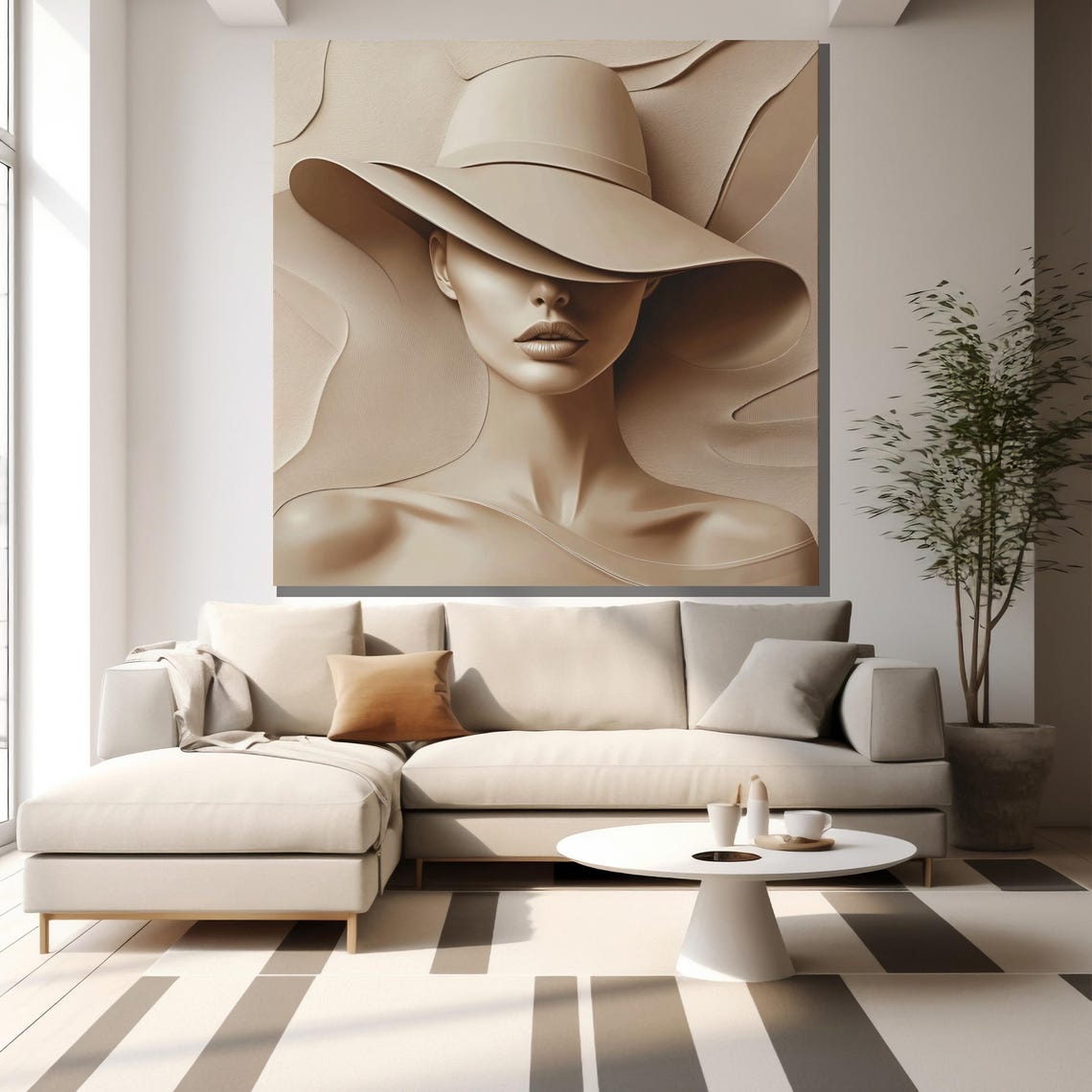 Monochrome Woman Wide Brim Hat Sculptural 3D Relief Neutral Wall Art - Image 2