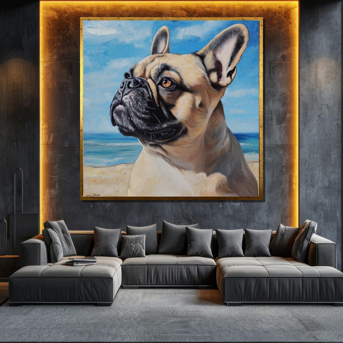 Sunny French Bulldog Beach Ocean Blue Sky Coastal Dog Art Poster