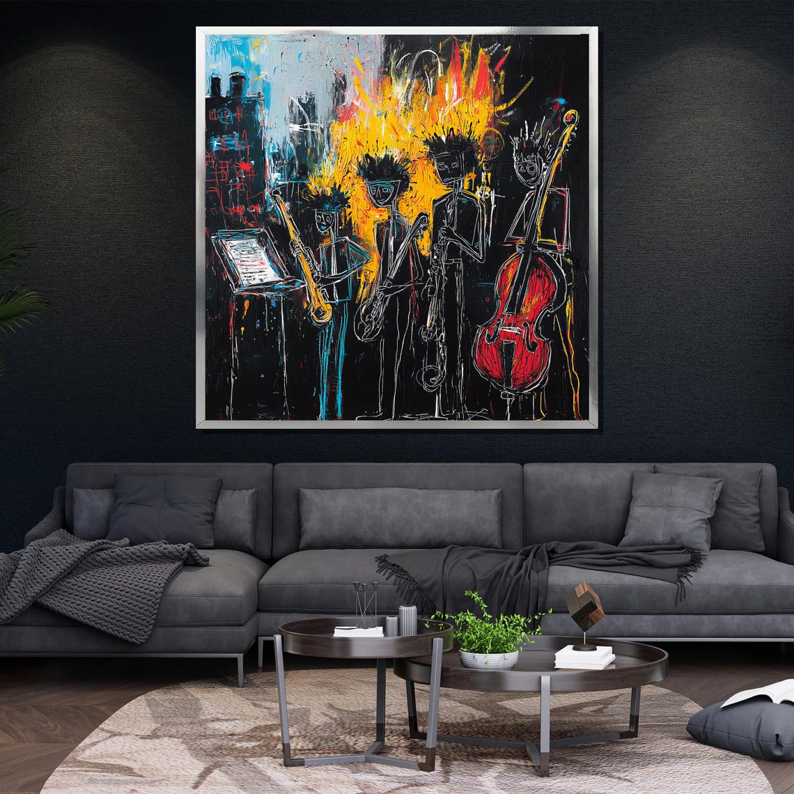 Abstract Jazz Band Basquiat Style Musicians Black Background Poster - Image 4