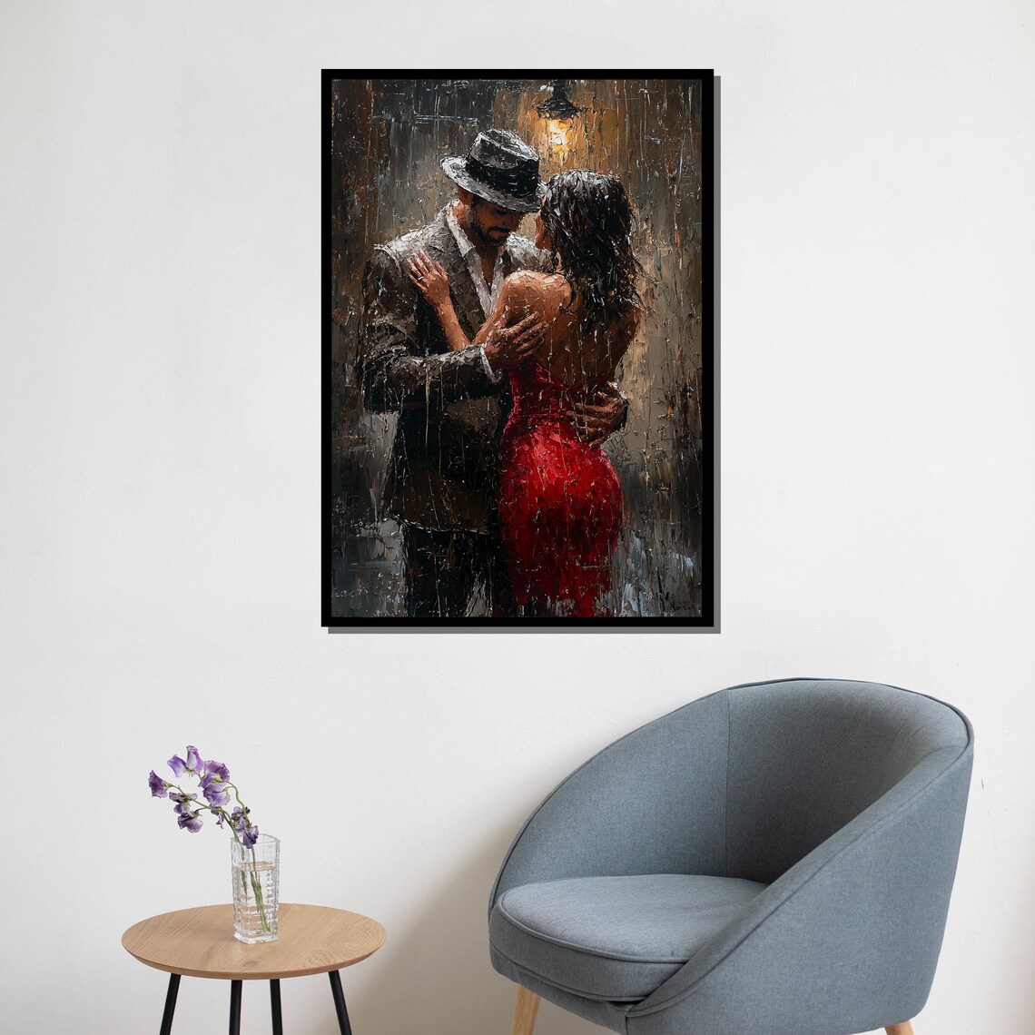 Romantic Couple Dancing In Rain Streetlamp Red Dress Painting Wall Poster - Image 5