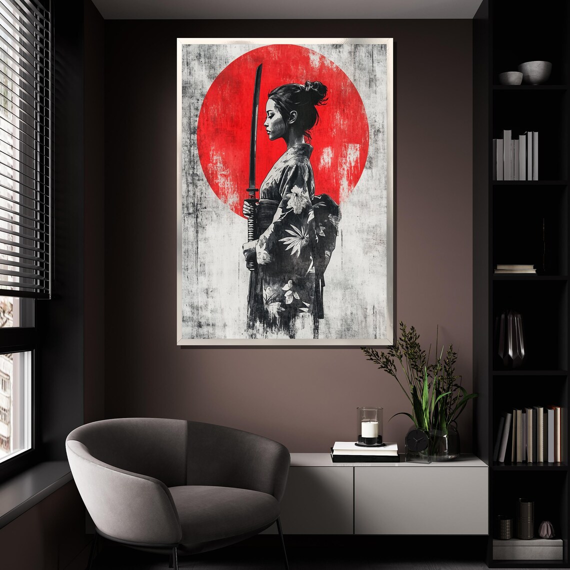 Samurai Woman Katana Red Sun Japanese Ink Painting Warrior Wall Art - Image 4