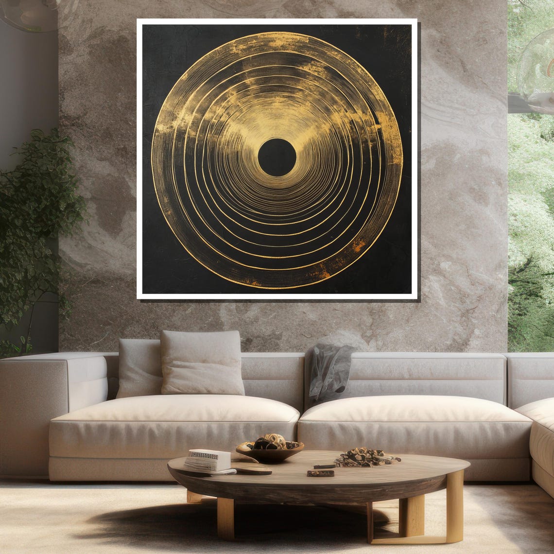Golden Concentric Circles On Black Minimalist Monochrome Ripple Poster - Image 3