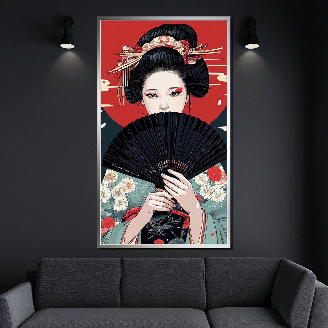 Geisha Holding Black Fan Traditional Japanese Graphic Art Poster - Image 4