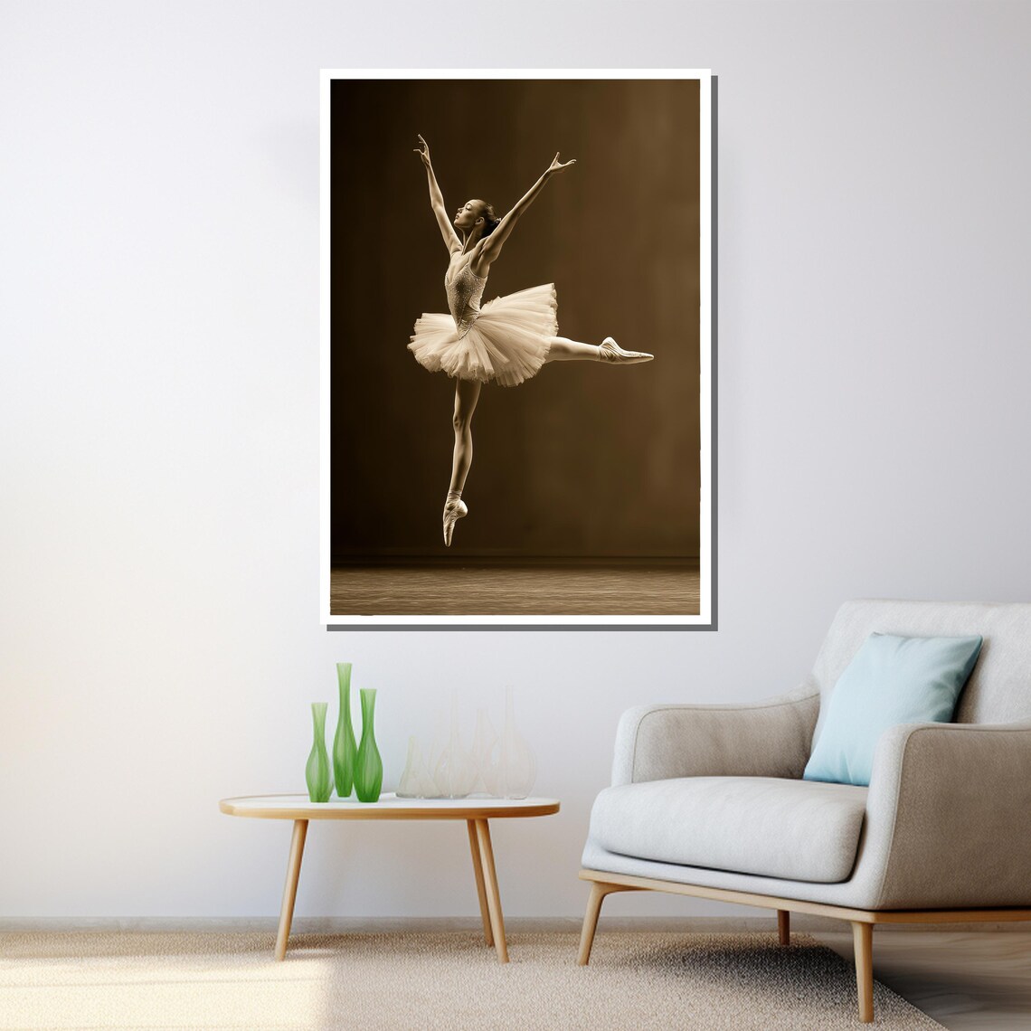 Sepia Tone Ballerina Leaping In White Tutu Dark Background Ballet Poster - Image 3