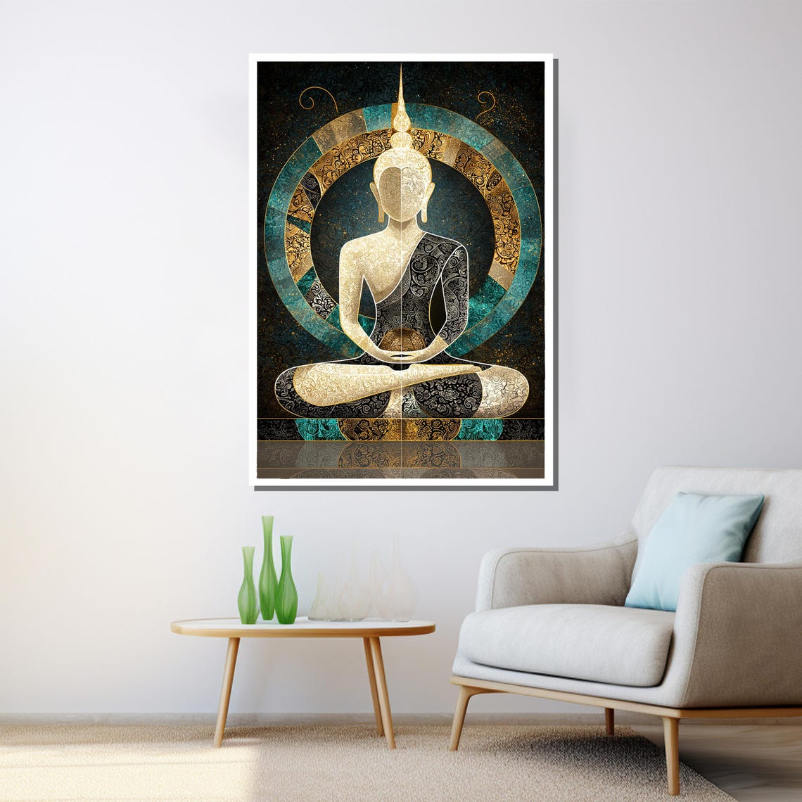 Meditating Buddha Gold Teal Mandala Spiritual Painting Wall Art Poster - Image 3