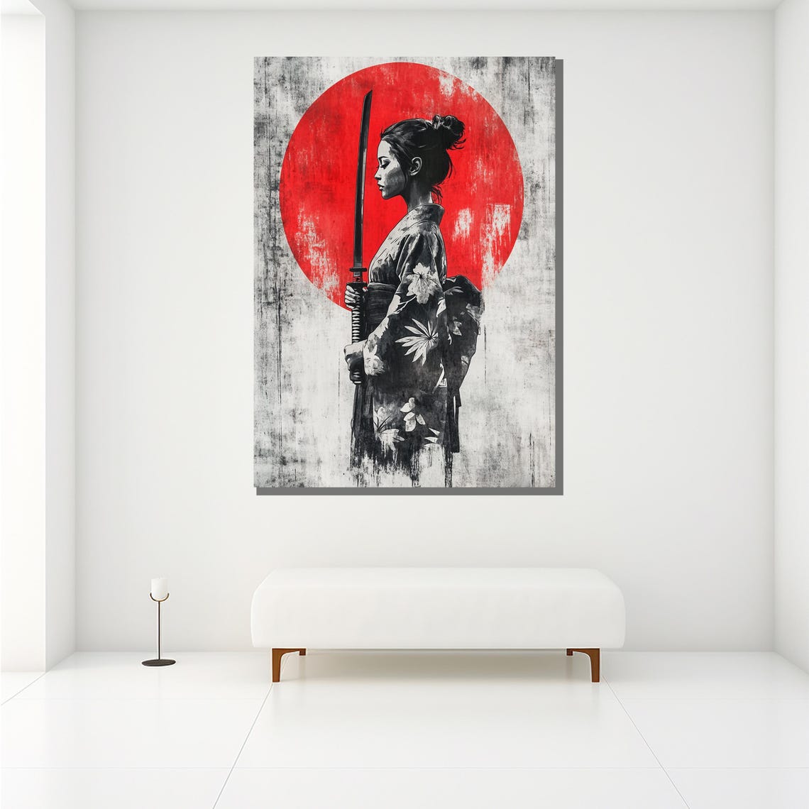 Samurai Woman Katana Red Sun Japanese Ink Painting Warrior Wall Art - Image 2