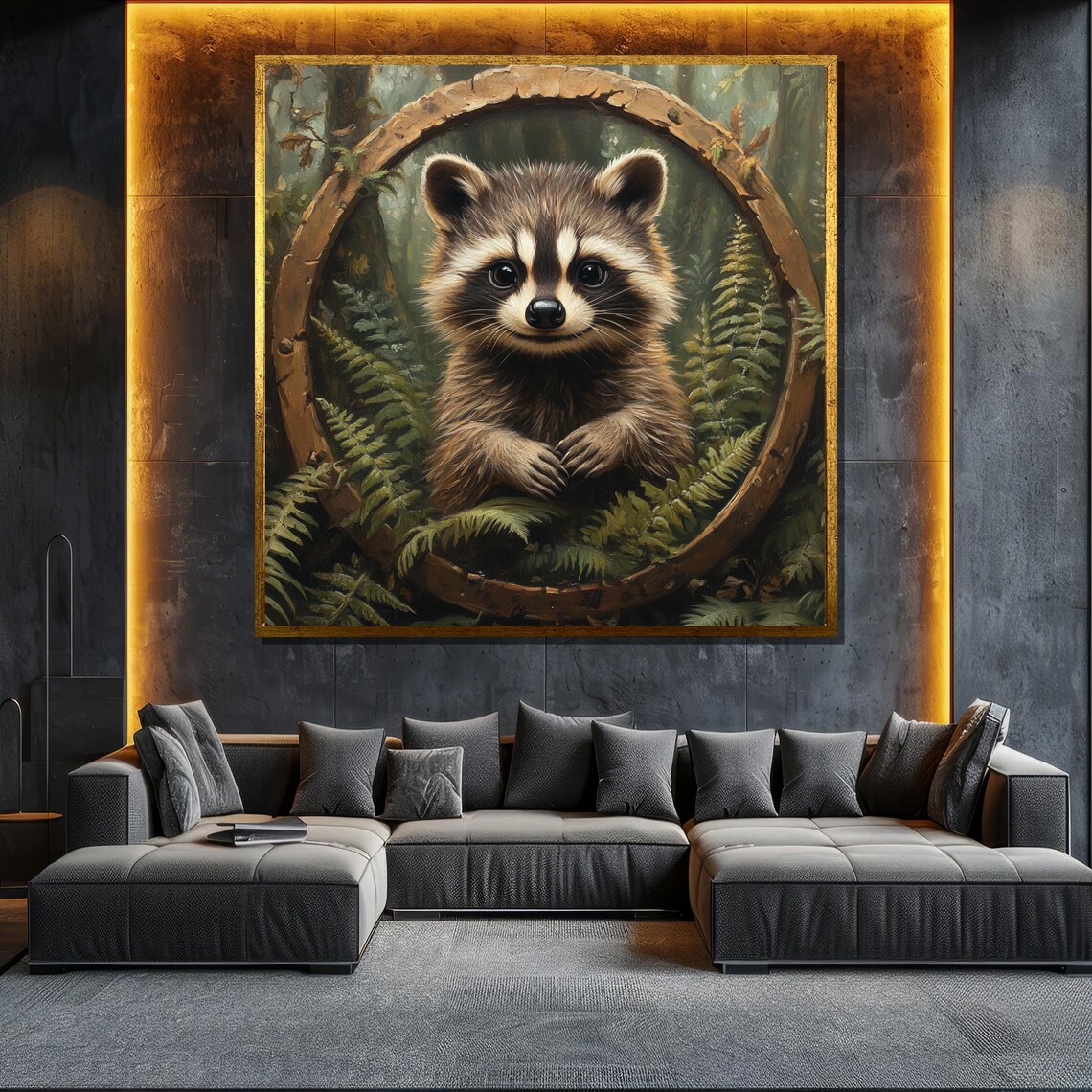 Cute Baby Raccoon Round Wooden Window Painting Whimsical Forest Wildlife Art Poster