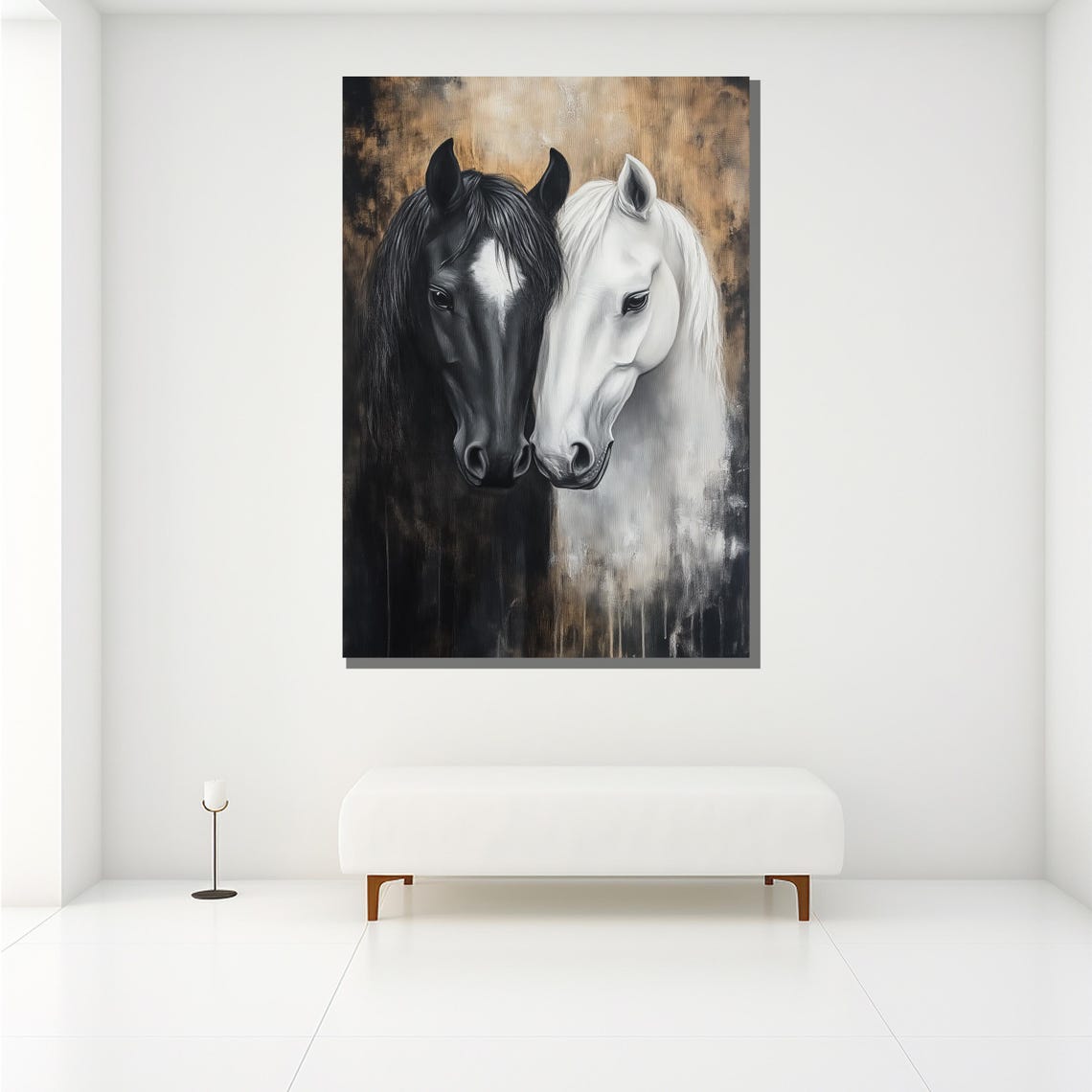 Black White Horses Nuzzling Elegant Equine Couple Portrait Wall Art - Image 2