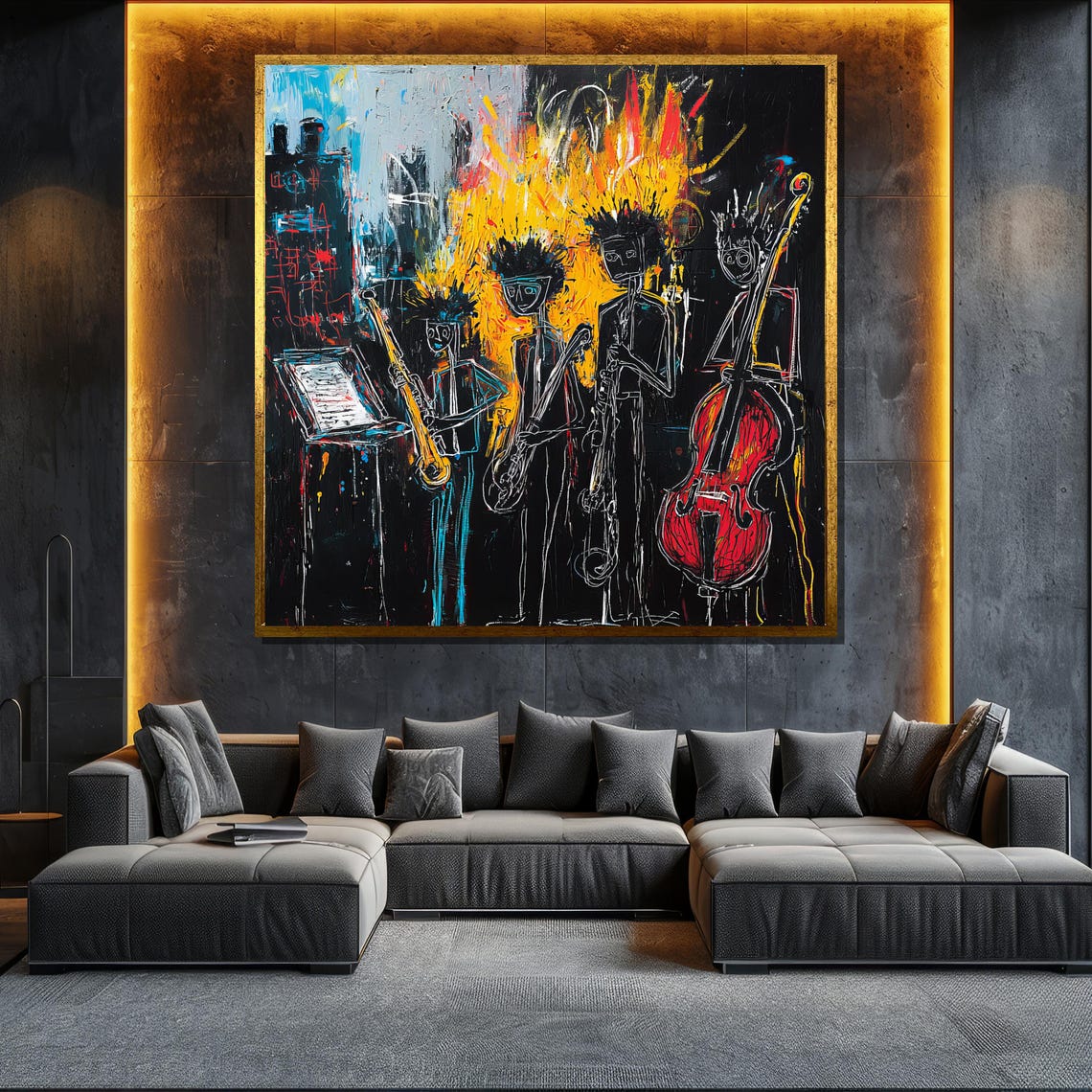 Abstract Jazz Band Basquiat Style Musicians Black Background Poster