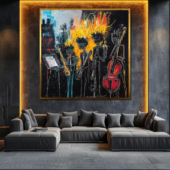 Abstract Jazz Band Basquiat Style Musicians Black Background Poster
