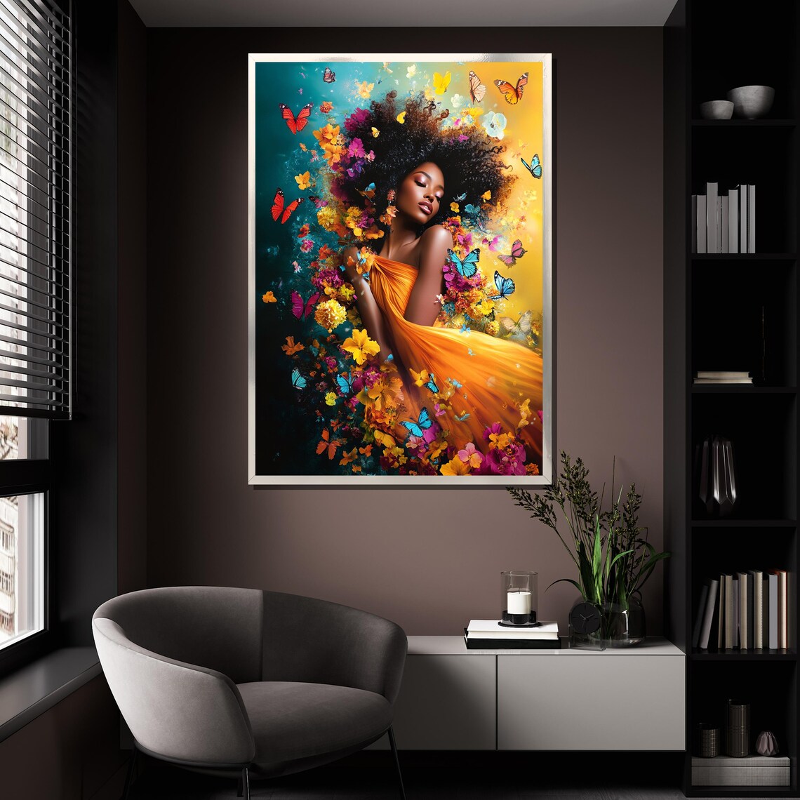 African Woman Butterfly Floral Portrait Vibrant Orange Dress Wall Art - Image 4