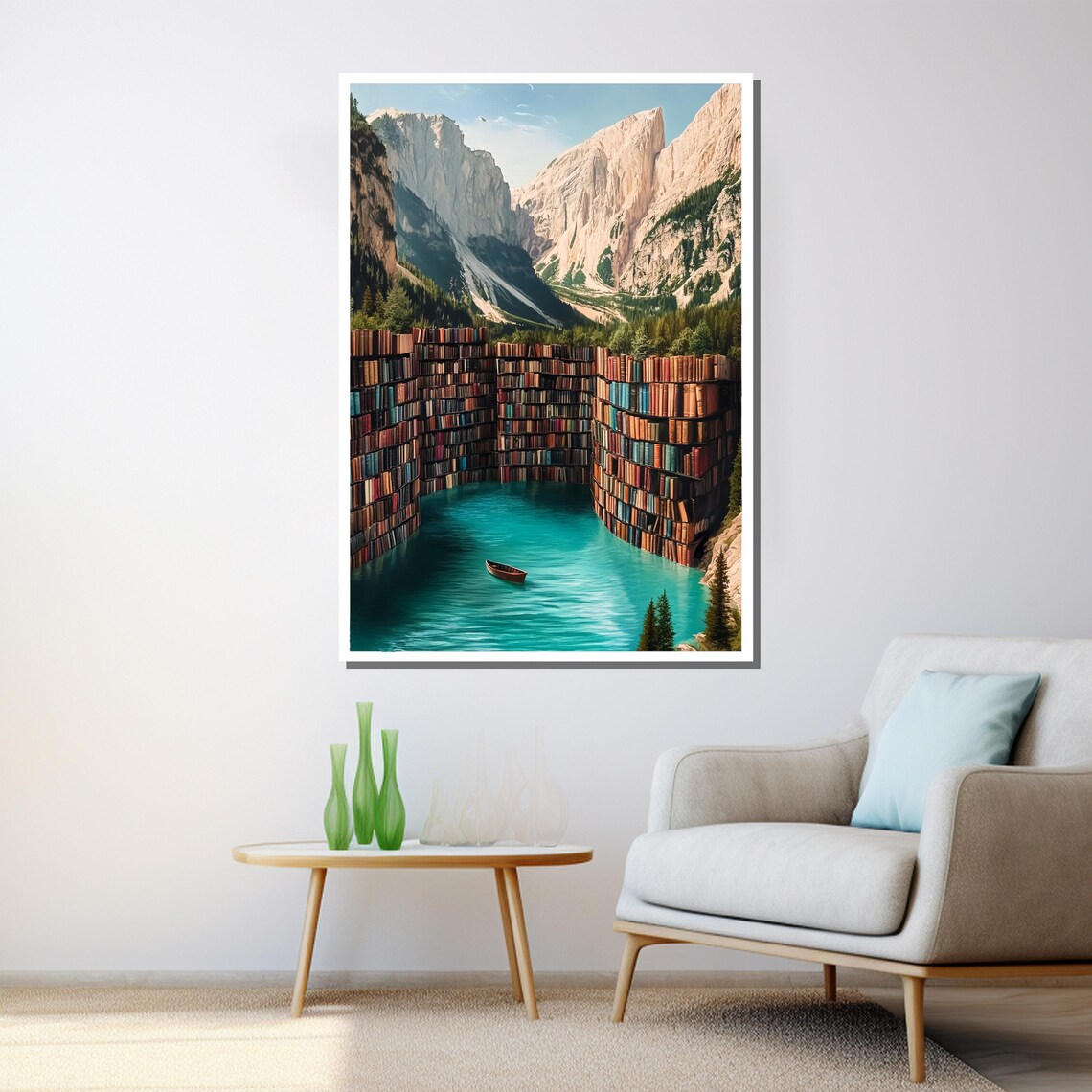 Surreal Bookshelf Lake Mountain Library Fantasy Painting Wall Poster - Image 3