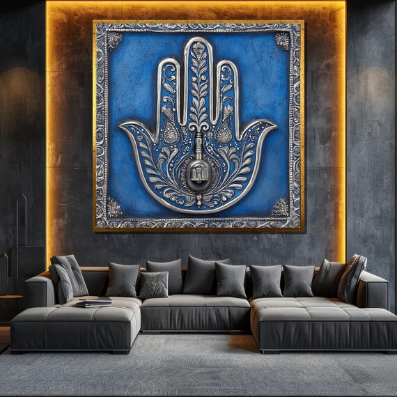 Ornate Silver Hamsa Hand Blue Boho Spiritual Protection Wall Art Poster