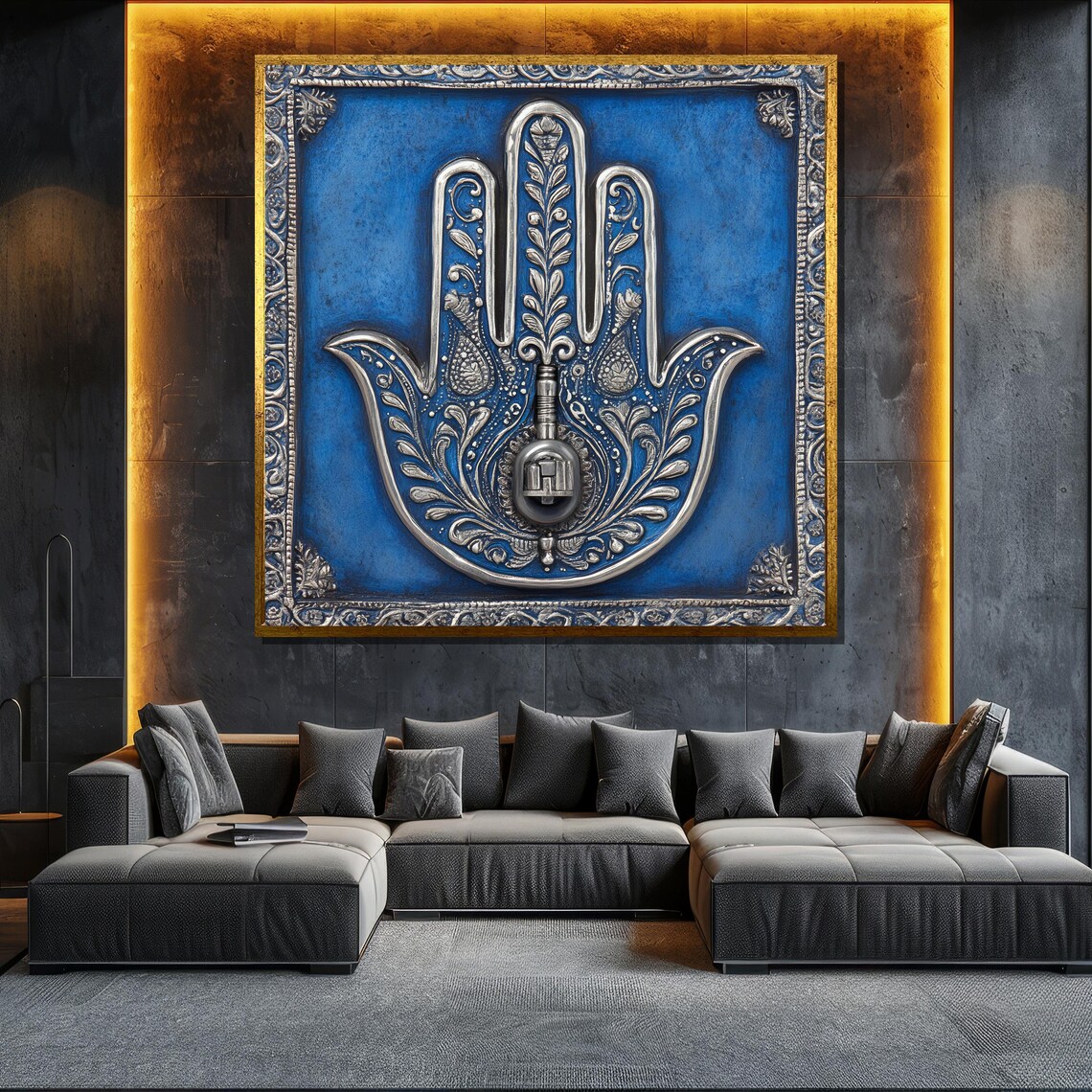 Ornate Silver Hamsa Hand Blue Boho Spiritual Protection Wall Art Poster