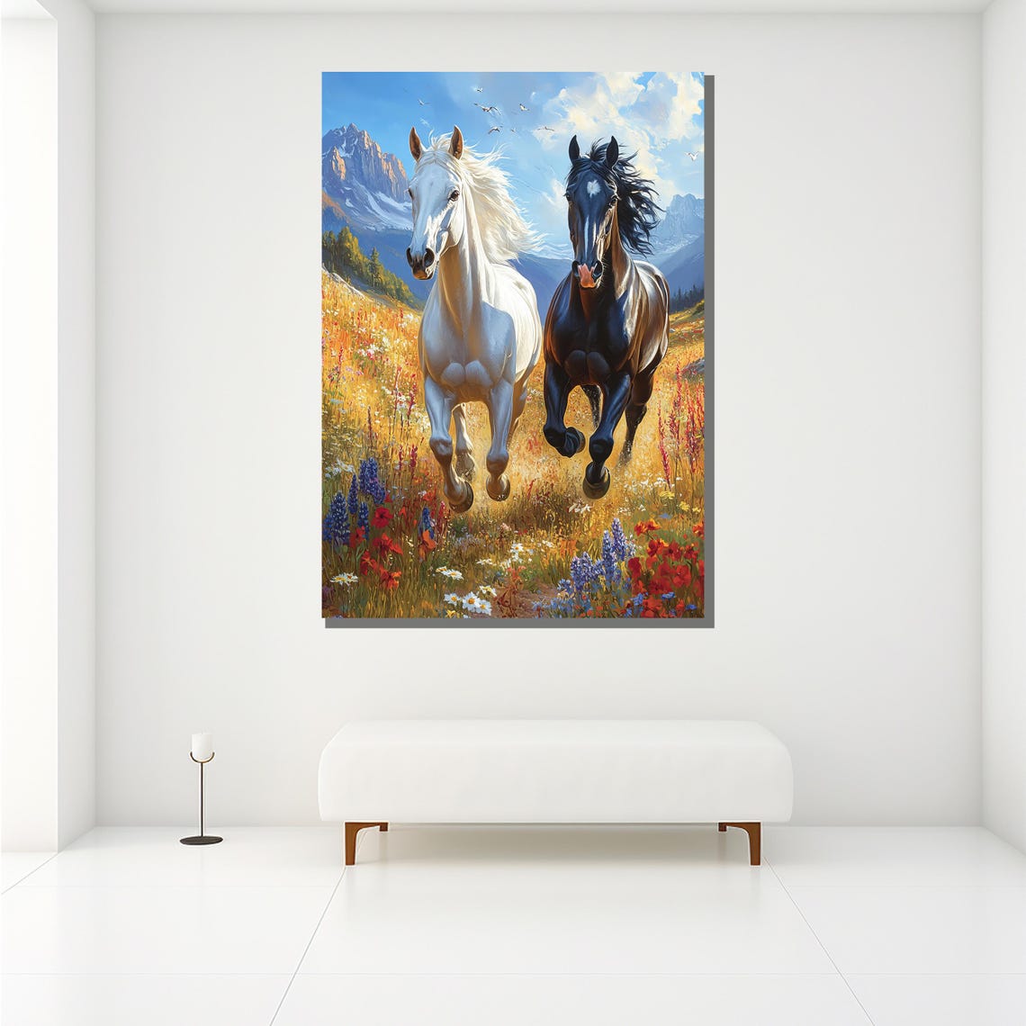 White Black Horses Running Wildflower Mountain Meadow Wall Art - Image 2
