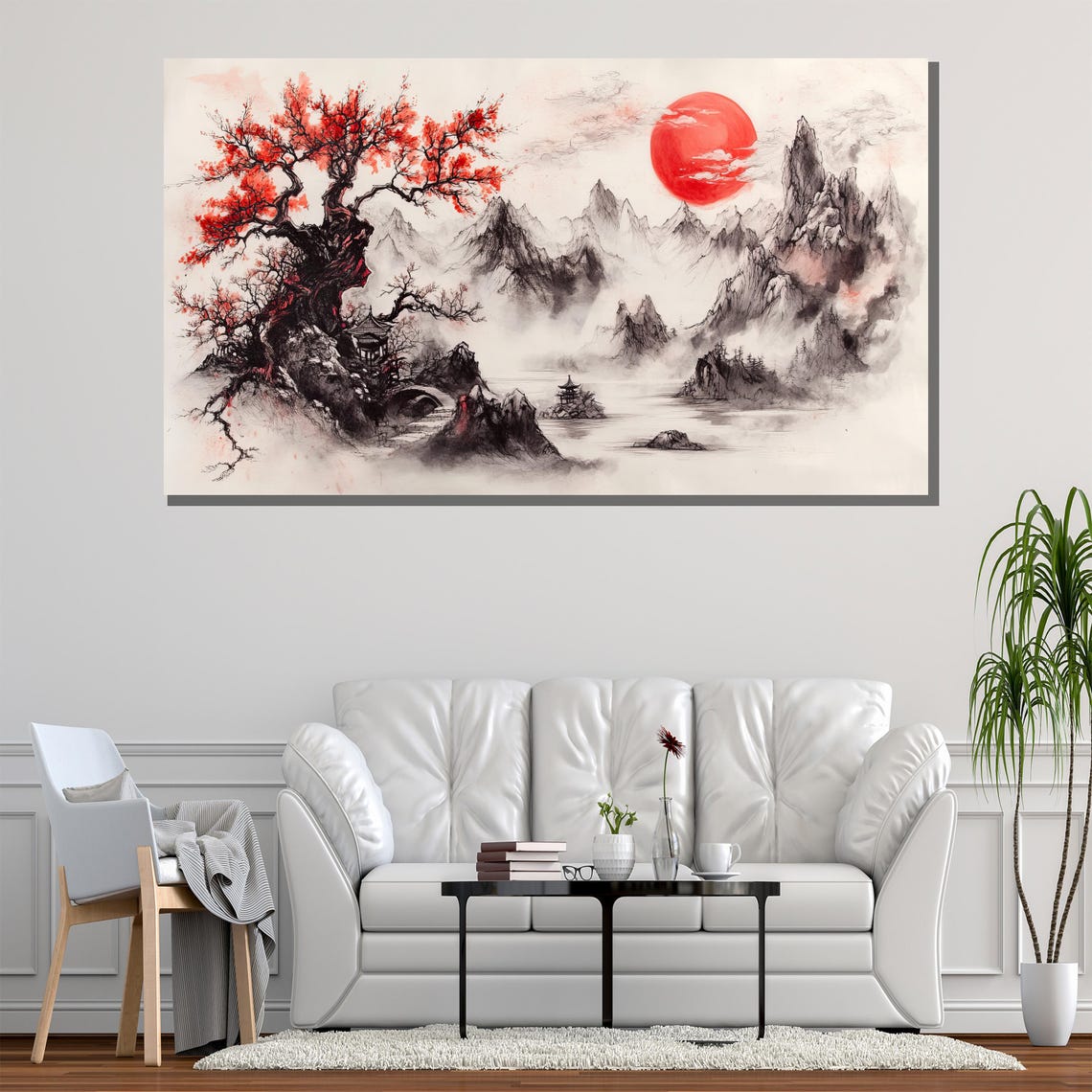 Japanese Ink Landscape Red Sun Misty Mountains Pagoda Art Poster - Image 2