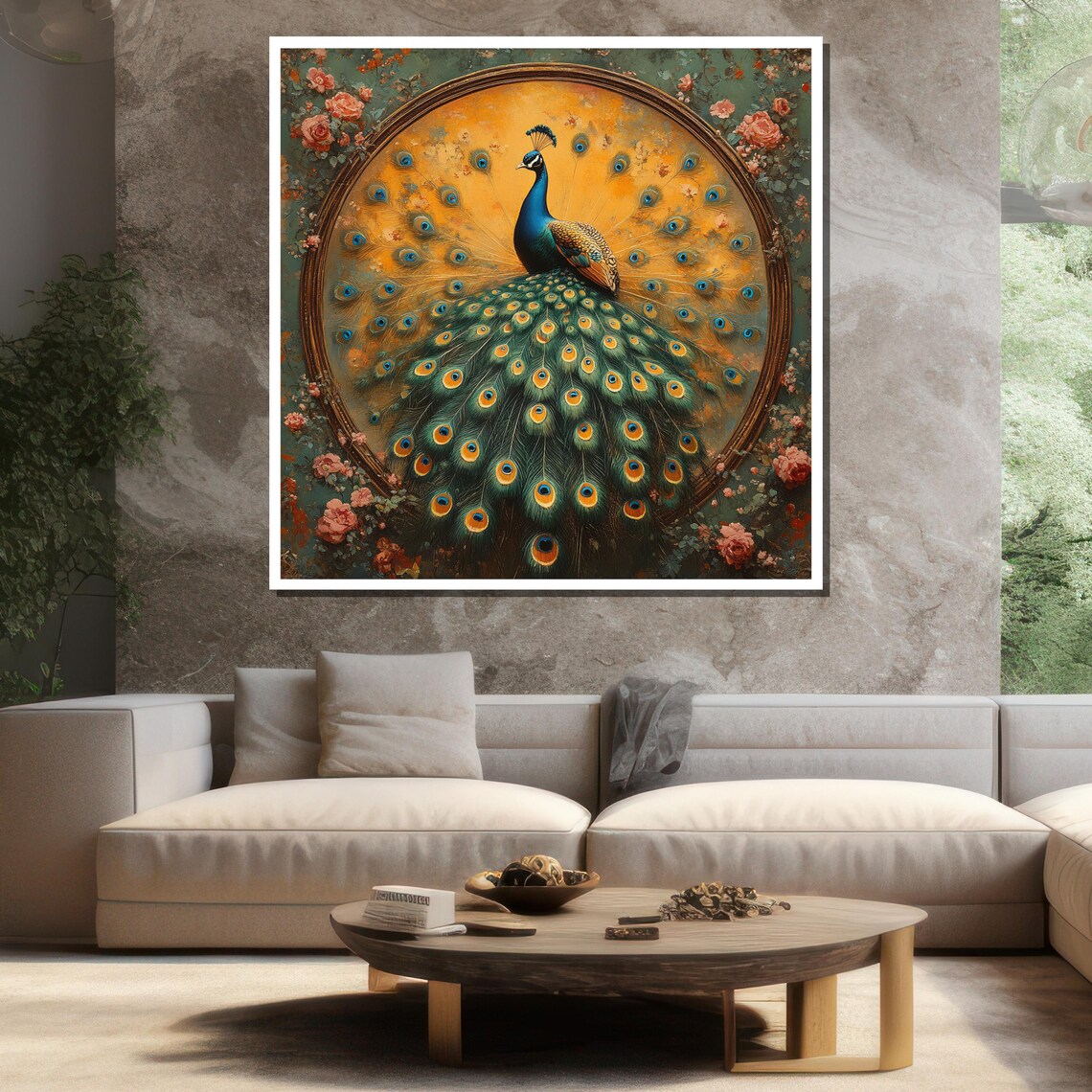 Elegant Peacock Full Tail Fan Vintage Floral Bird Art Poster - Image 3