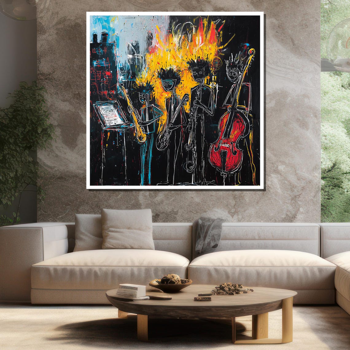 Abstract Jazz Band Basquiat Style Musicians Black Background Poster - Image 3
