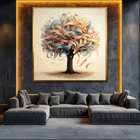 Ribbon Tree Painting Abstract Colorful Wall Art For Living Room Modern Nature Decor Gift
