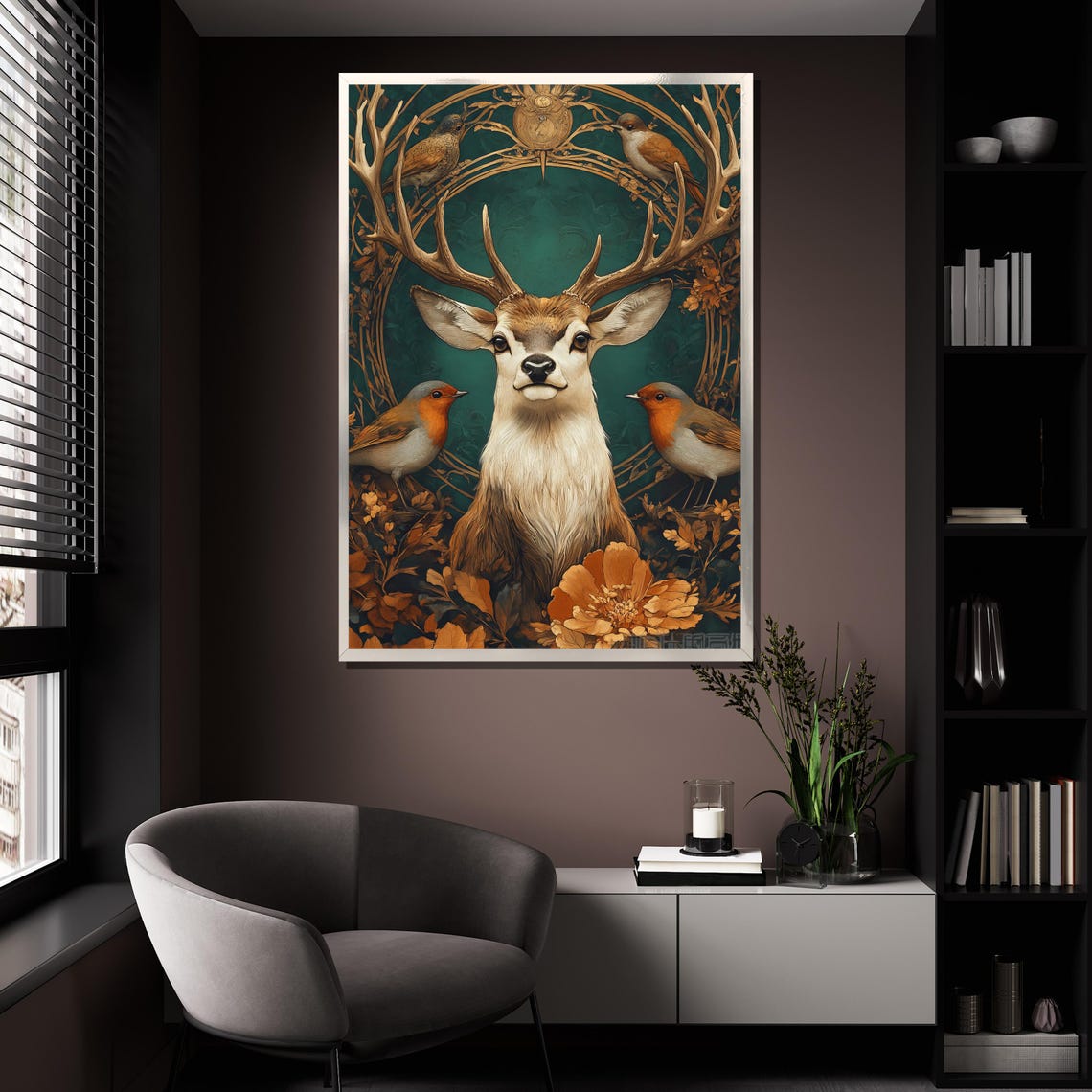 Stag Antlers Robins Golden Elegant Deer Portrait Nature Wall Art - Image 4
