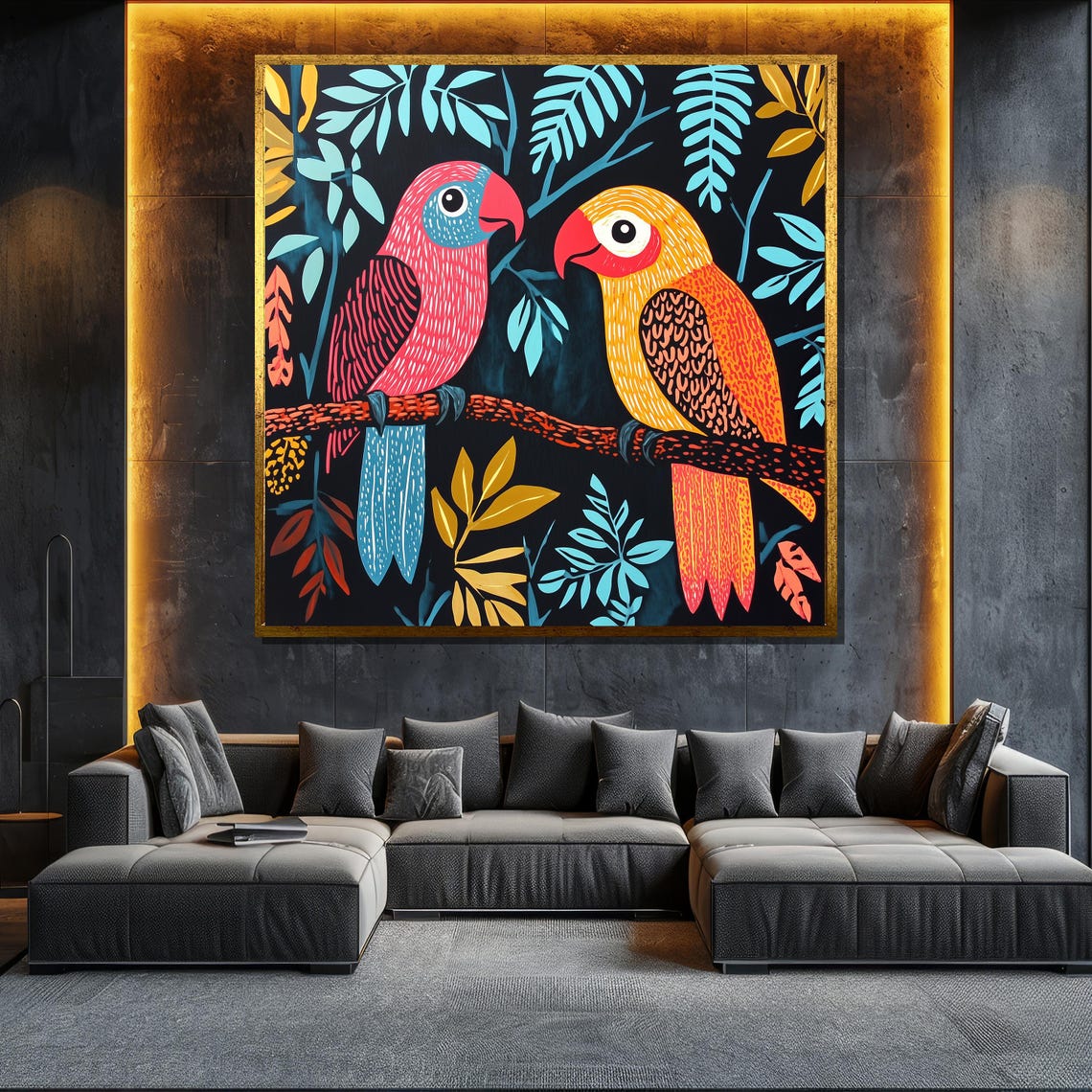 Two Colorful Folk Art Parrots Branch Exotic Bird Wall Poster