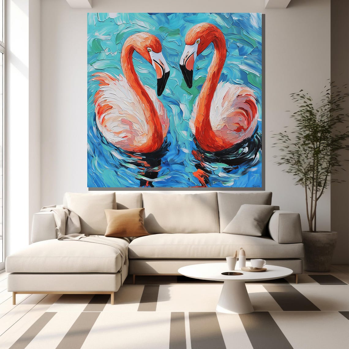 Two Flamingos Heart Shape Turquoise Water Impasto Art Poster - Image 2