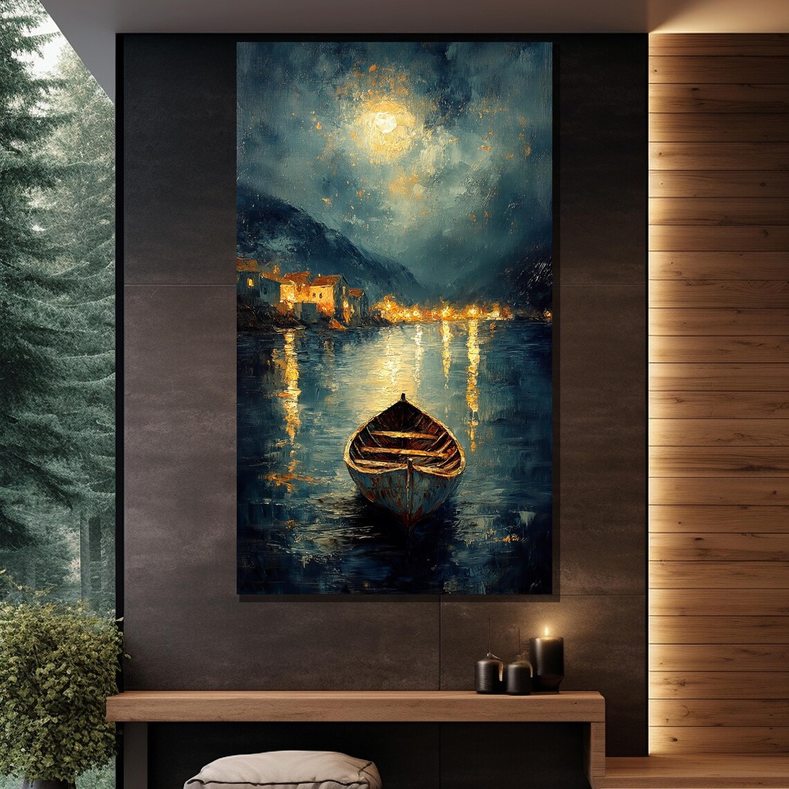Moonlit Wooden Boat Night Lake Village Lights Serene Night Poster - Image 2