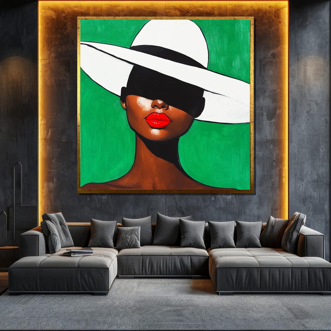Stylish Woman White Hat Red Lips Green Background Bold Art Wall Poster