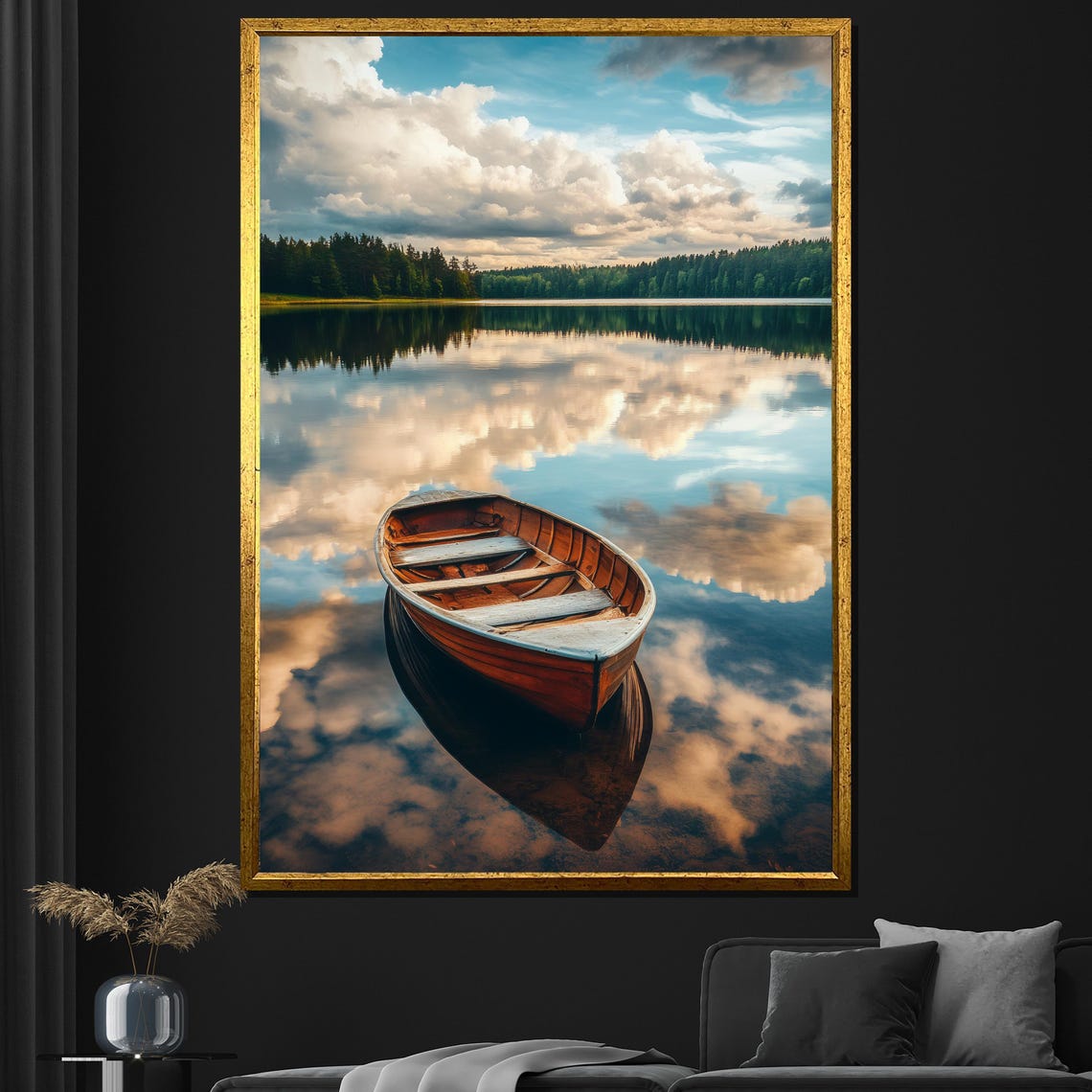Serene Lake Boat Painting Peaceful Water Reflection Wall Art Nature Landscape Artwork Tranquil Home Decor Gift