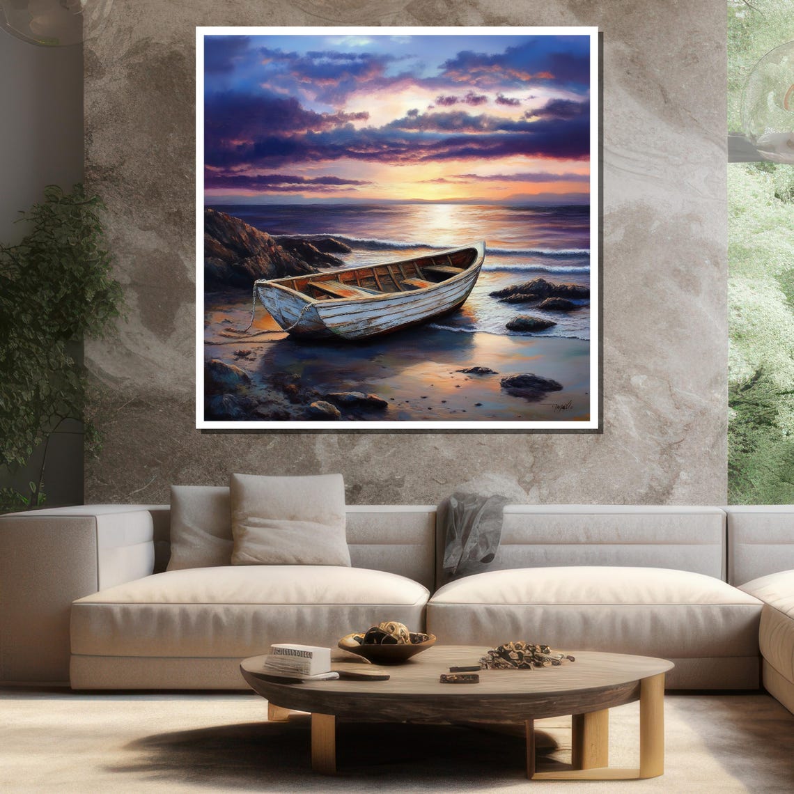 Weathered Rowboat Rocky Shore Purple Sunset Serene Ocean Poster - Image 3