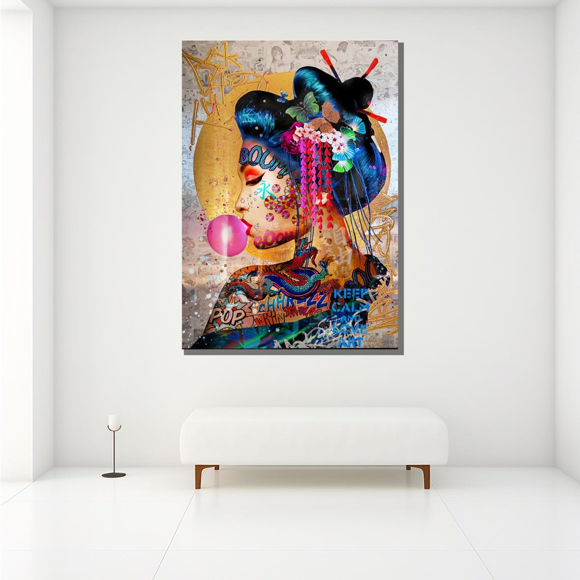 Pop Art Geisha Blowing Pink Bubblegum Bubble Graffiti Wall Poster - Image 2