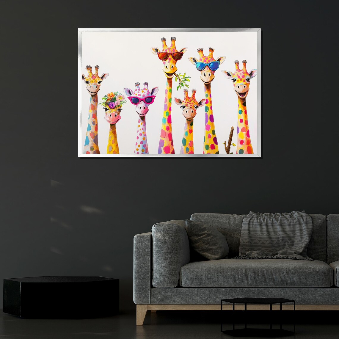 Seven Colorful Giraffes Sunglasses Painting Whimsical Fun Safari Animal Wall Art Poster - Image 4
