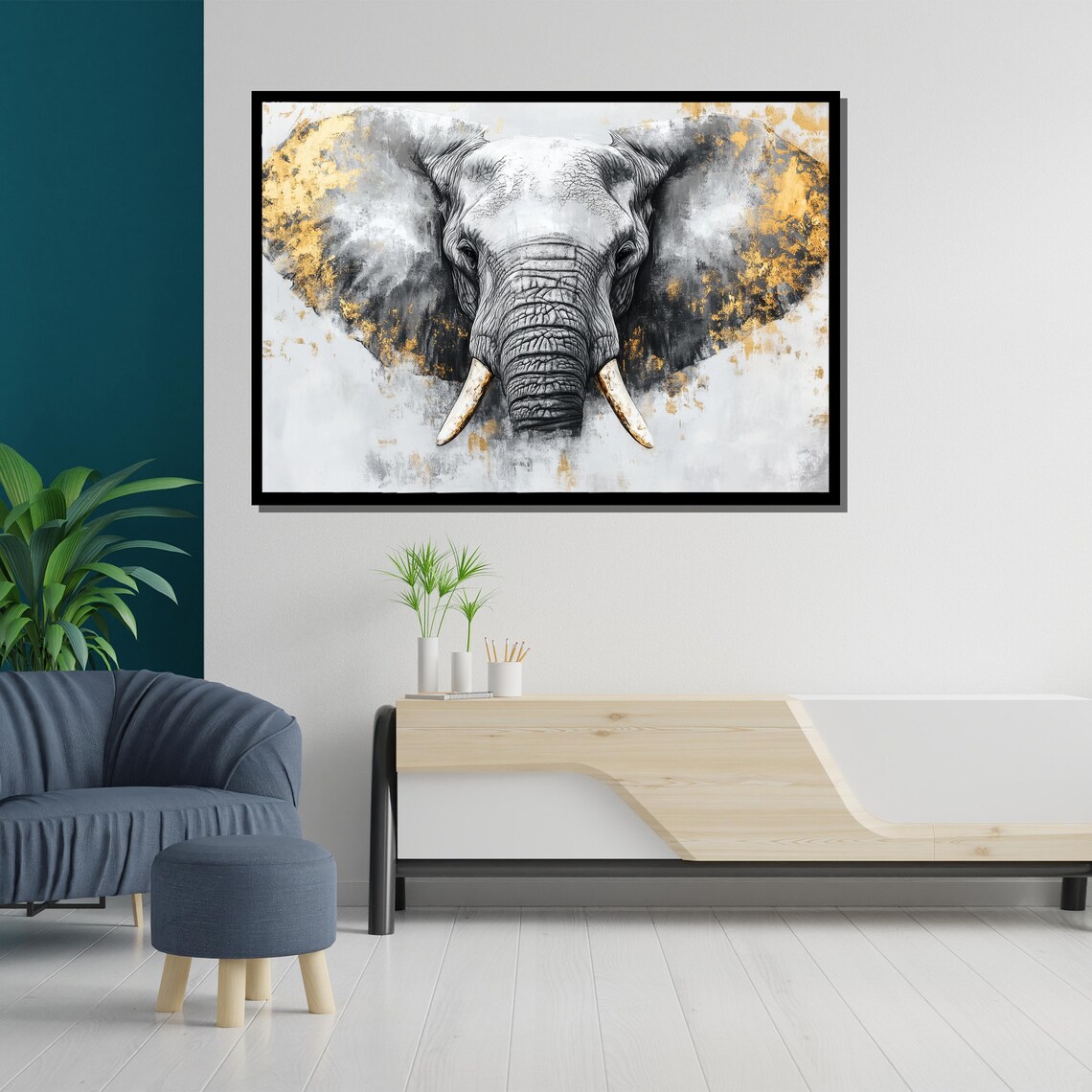 Elephant Head Gold Leaf Painting Gray White Modern Wildlife Animal Wall Art Poster - Image 5