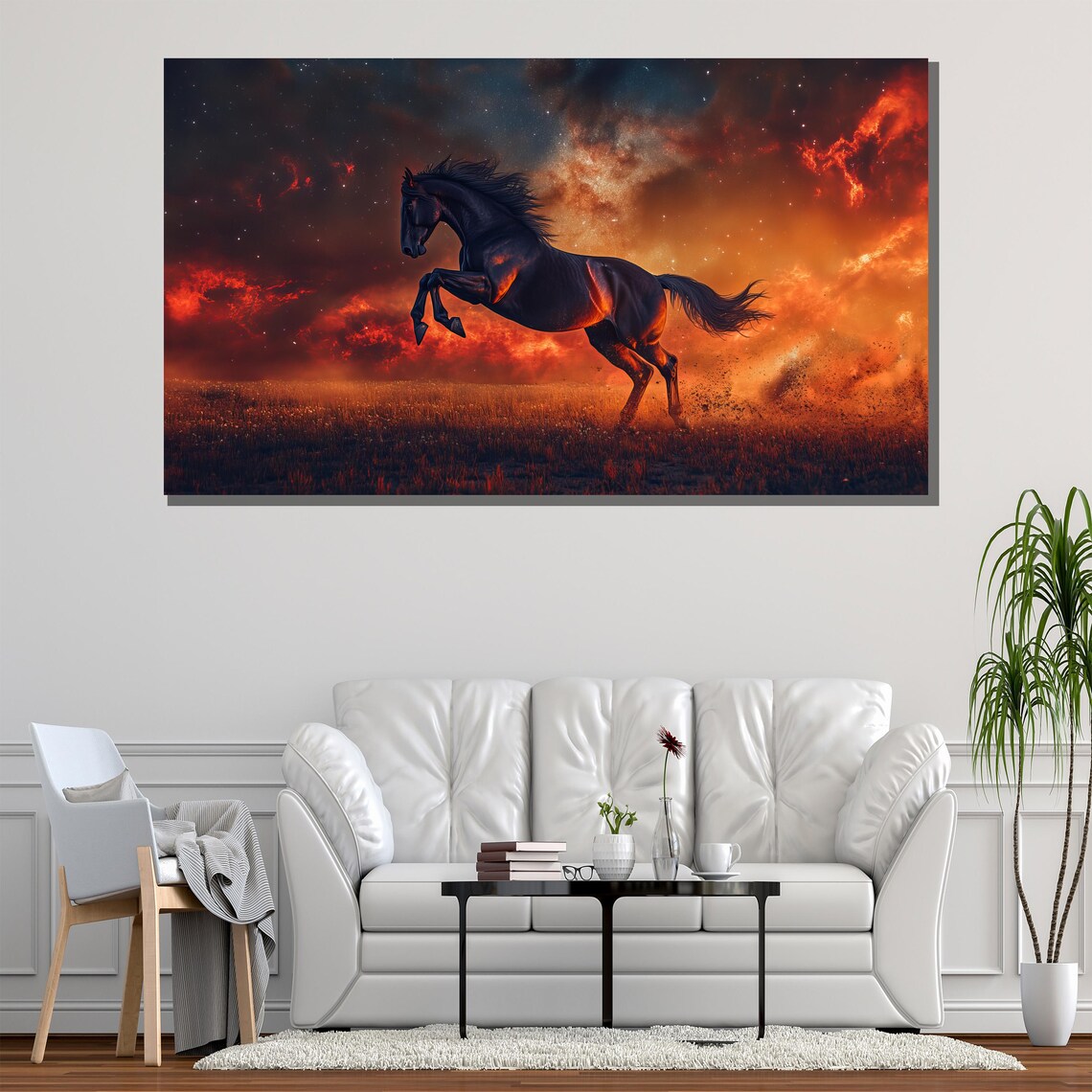 Black Horse Fiery Sky Bold Galloping Stallion Sunset Wall Art - Image 2