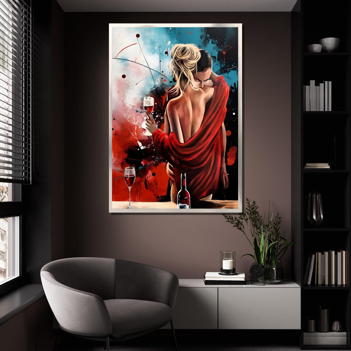 Passionate Couple Red Shawl Wine Abstract Blue Splash Painting Poster - Image 4