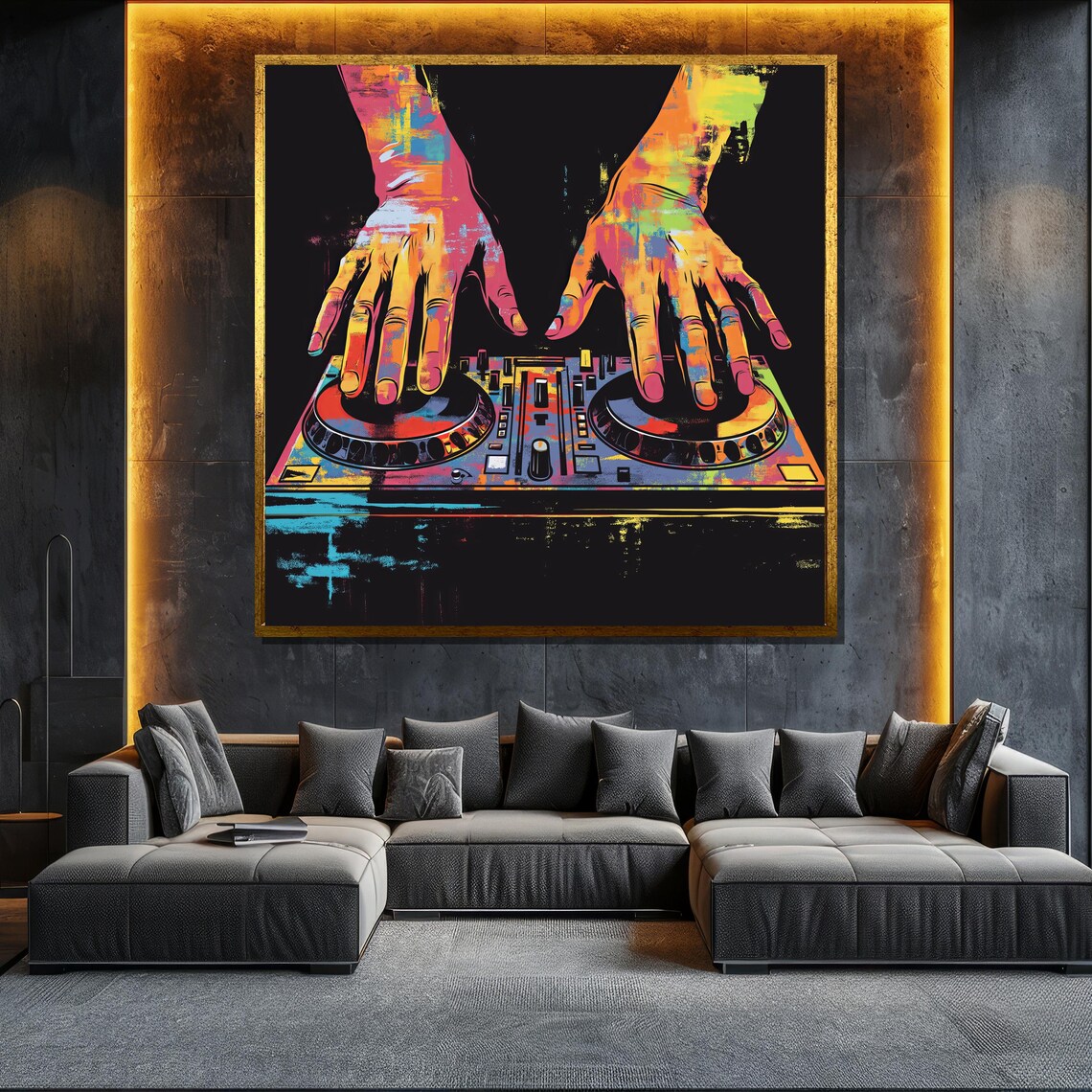 DJ Hands On Turntables Colorful Neon Street Art Style Music Poster