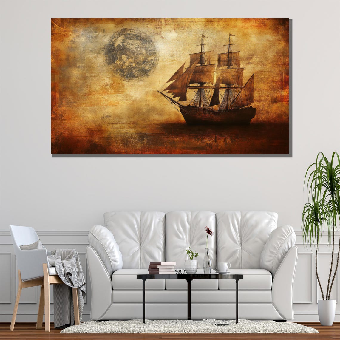 Vintage Tall Ship Full Moon Sepia Grunge Nautical Sailing Poster - Image 2