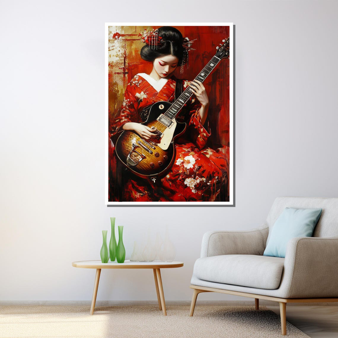 Geisha Playing Electric Guitar In Red Kimono Modern Art Poster - Image 3
