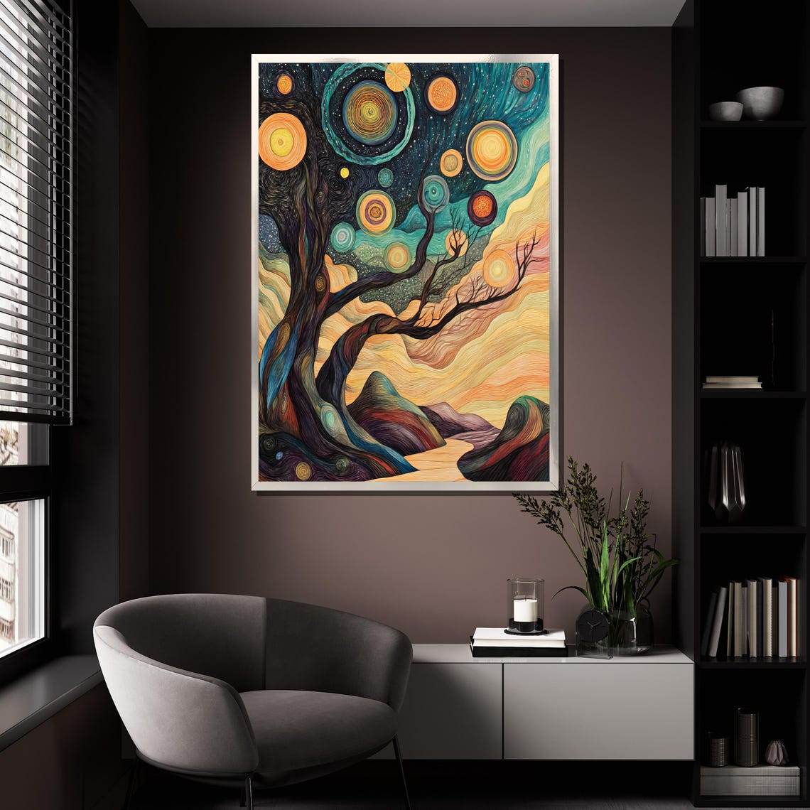 Starry Night Twisted Tree With Swirling Glowing Orbs Art Poster - Image 4